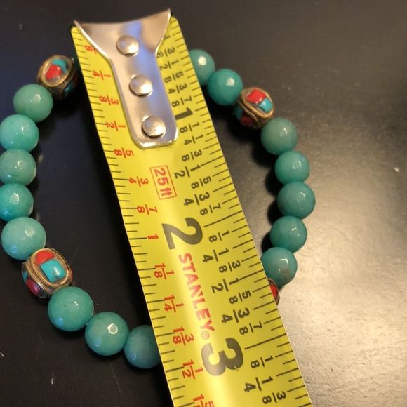 Faceted Jade Bead Bracelet w Bronze Accent Beads w Coral & Turquoise Inlay - Picture 2 of 11